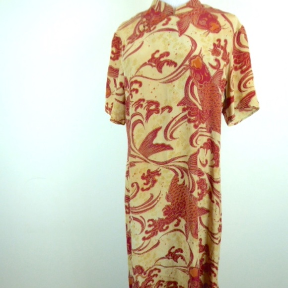 CITRON Santa Monica gold red KOI FLORAL SILK mandarin short sleeve maxi Dress M - Picture 2 of 6